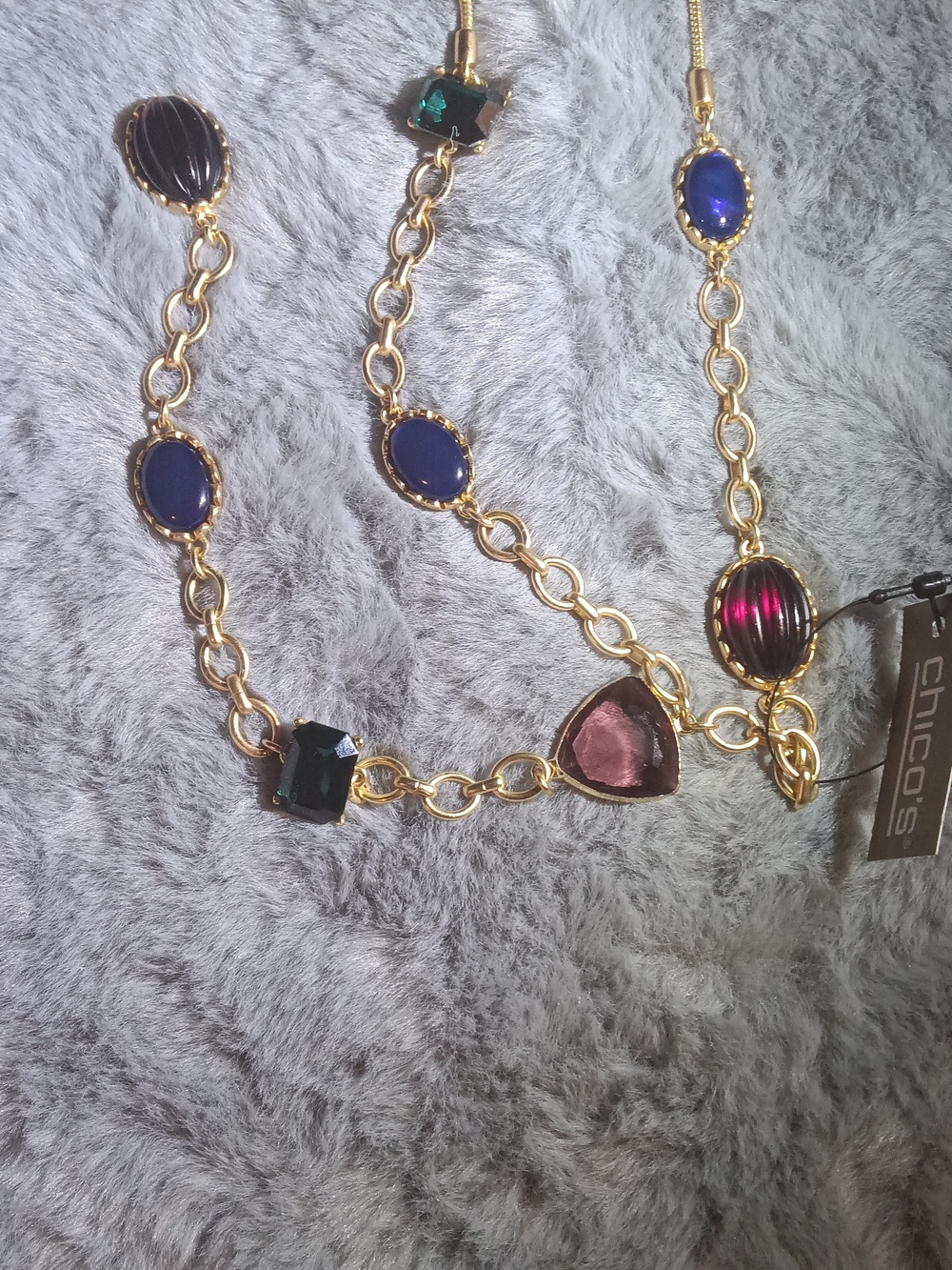 Chico's Gold-Tone Necklace And Earrings with Blue, Green, Pink & Burgundy Gems - Picture 5 of 8